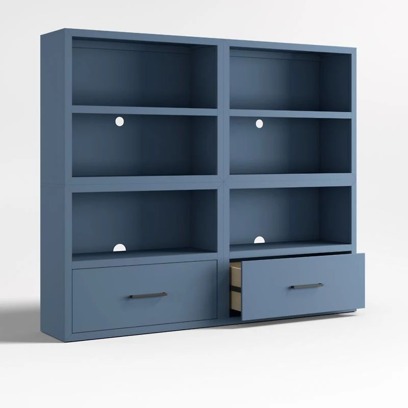 Ever Simple Set of 2 Modular Slate Blue Wood Kids Open Bookcases with Drawers
