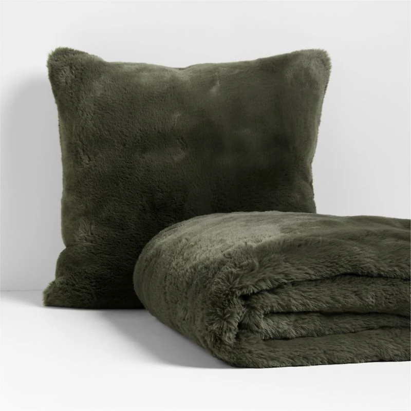 Burnt Green Faux Fur 23"x23" Throw Pillow Cover