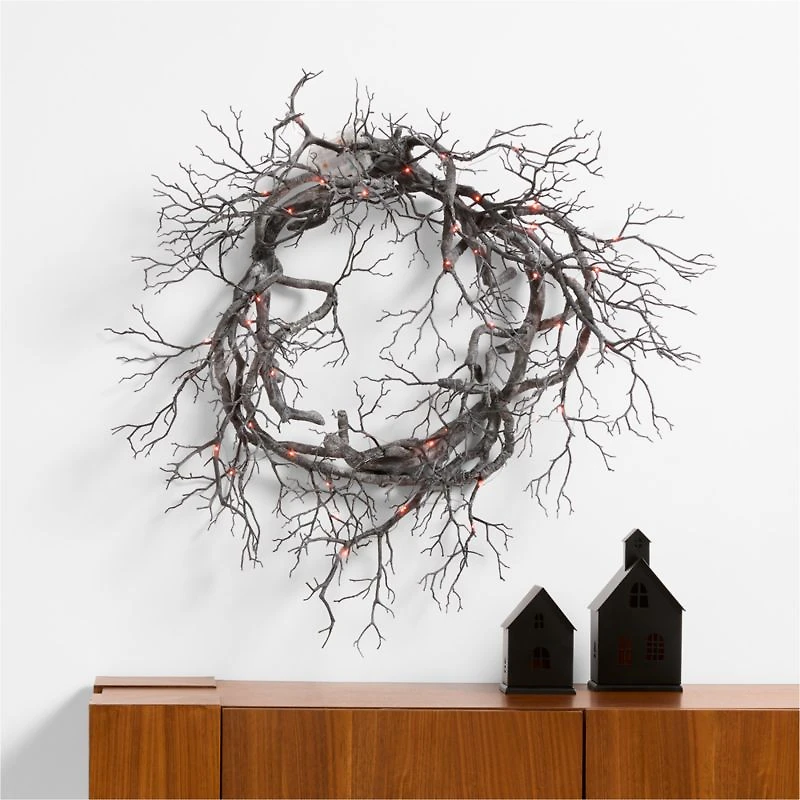 Faux Pre-Lit Black Branch Wreath 26"