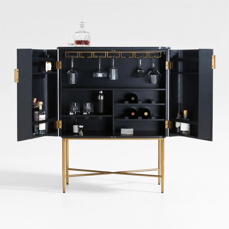 Fayette Black Nero Marquina Fluted Bar Cabinet