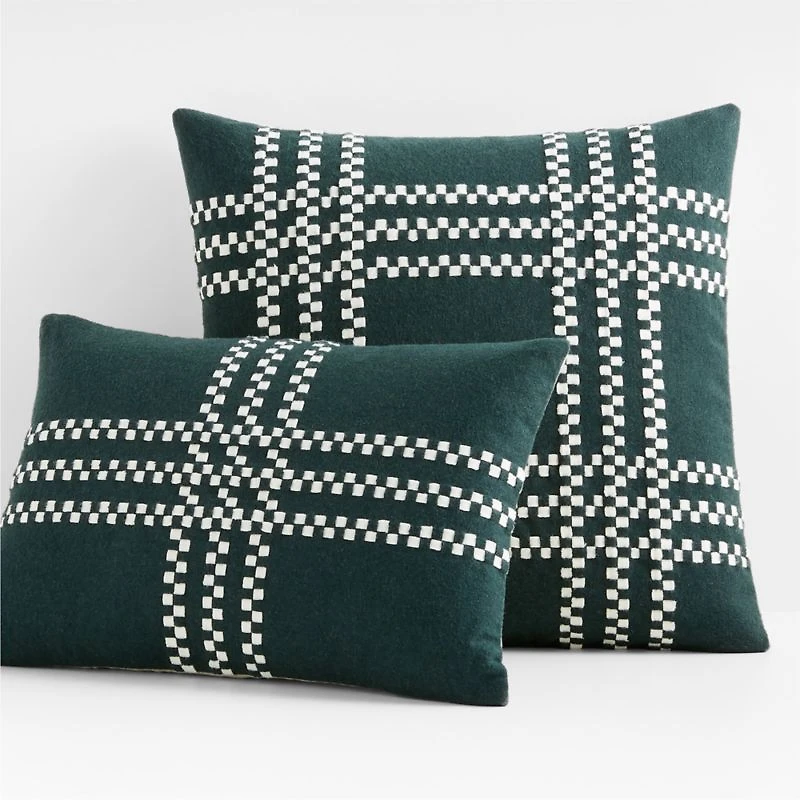 Spruce Green Felted Wool Plaid 23"x23" Holiday Throw Pillow Cover