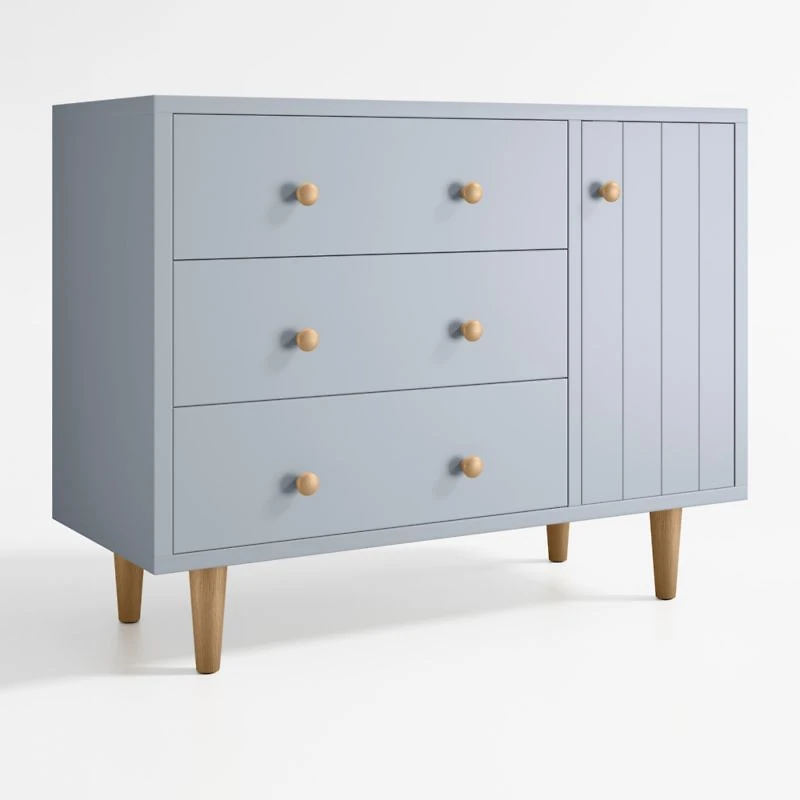 Finn 44" Narrow Mist Blue Wood 3-Drawer Kids Dresser with Door