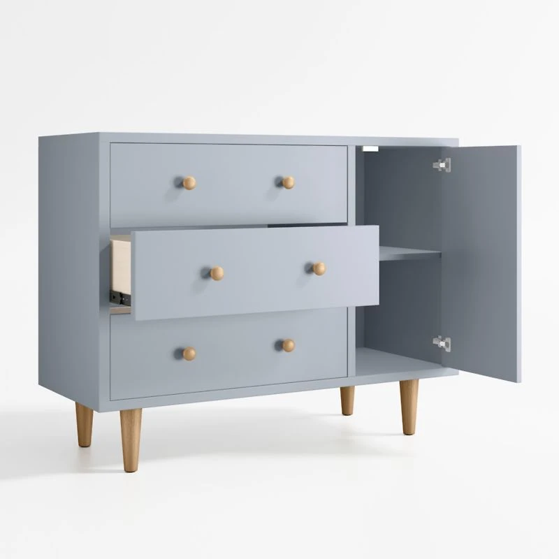 Finn 44" Narrow Mist Blue Wood 3-Drawer Kids Dresser with Door