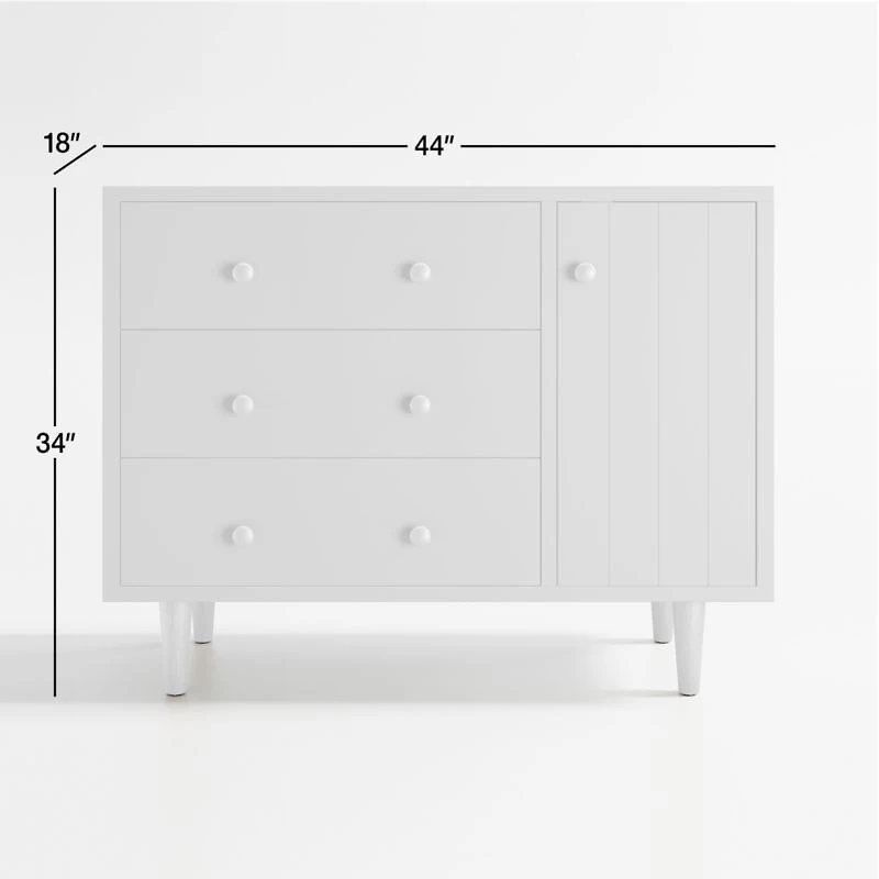 Finn 44" Narrow White Wood 3-Drawer Kids Dresser with Door