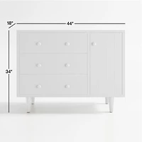 Finn 44" Narrow White Wood 3-Drawer Kids Dresser with Door