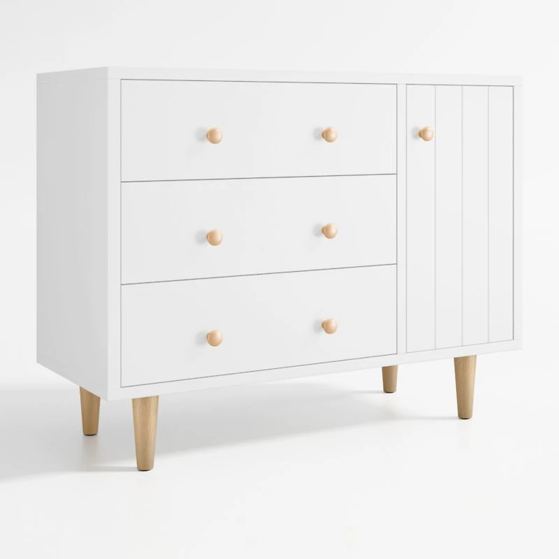 Finn 44" Narrow White Wood 3-Drawer Kids Dresser with Door