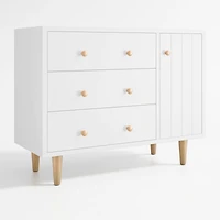 Finn 44" Narrow White Wood 3-Drawer Kids Dresser with Door