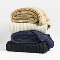 Deep Indigo Wool Blend 70''x55" Fisherman Knit Throw Blanket