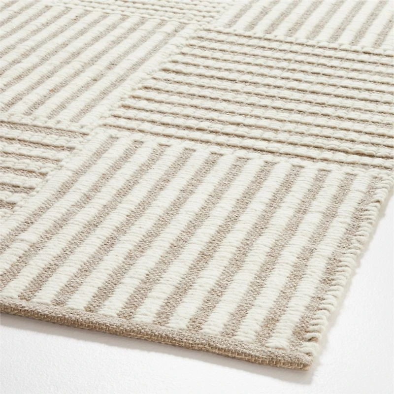 Flatweave Grid Wool and Cotton Dark Beige Kids Area Rug 5'x8'