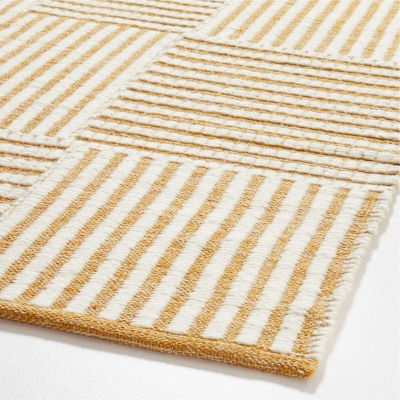 Flatweave Grid Wool and Cotton Yellow Kids Area Rug 5'x8'