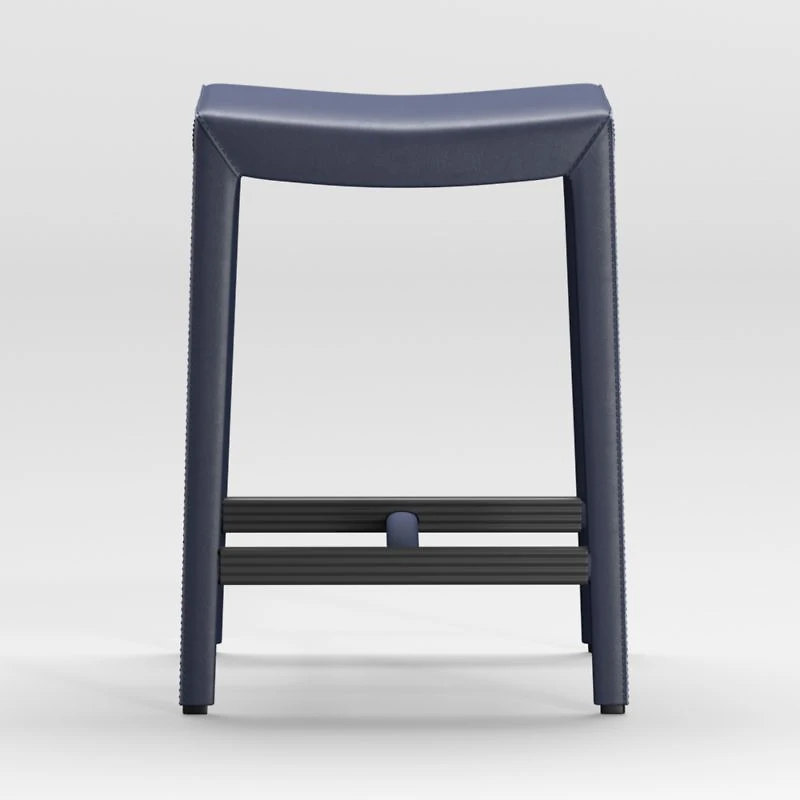 Folio Deep Blue Top-Grain Leather Backless Counter Stool