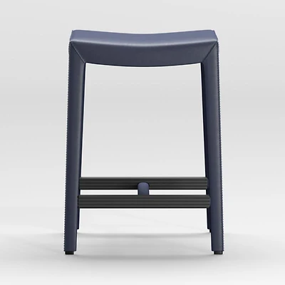 Folio Deep Blue Top-Grain Leather Backless Counter Stool
