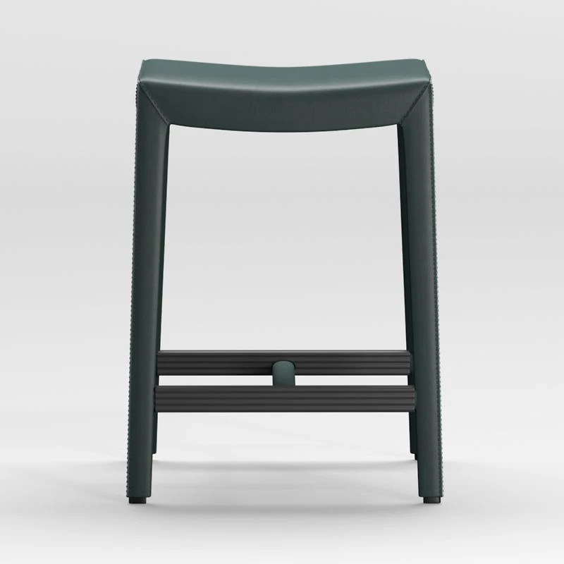 Folio Dark Green Top-Grain Leather Backless Counter Stool