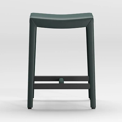 Folio Dark Green Top-Grain Leather Backless Counter Stool
