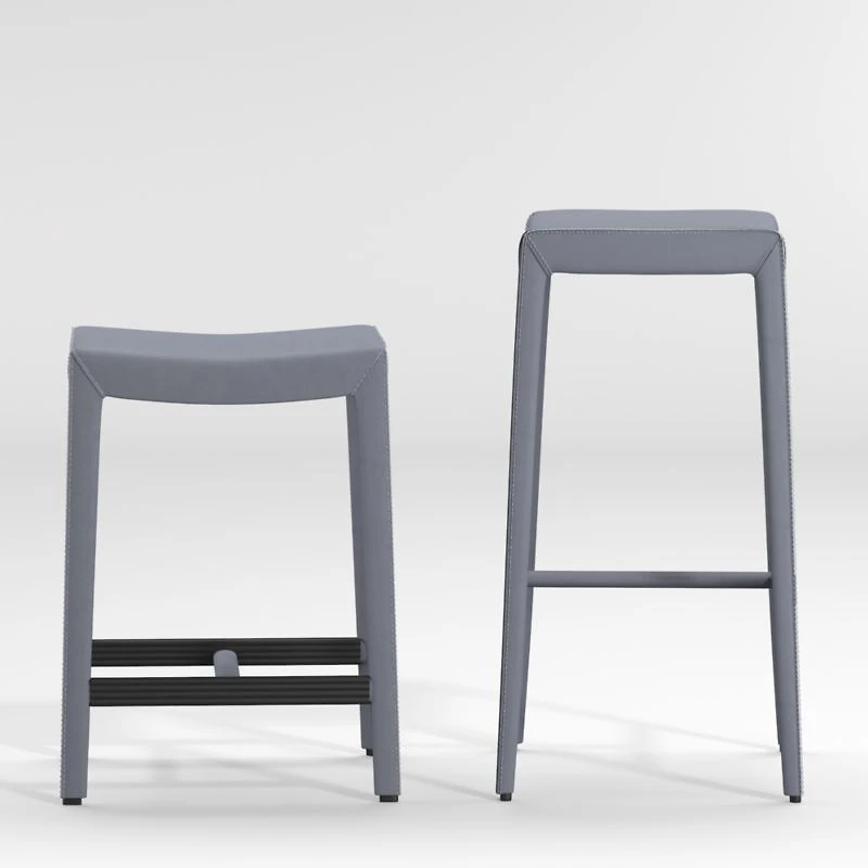 Folio Slate Blue Top-Grain Leather Backless Counter Stool