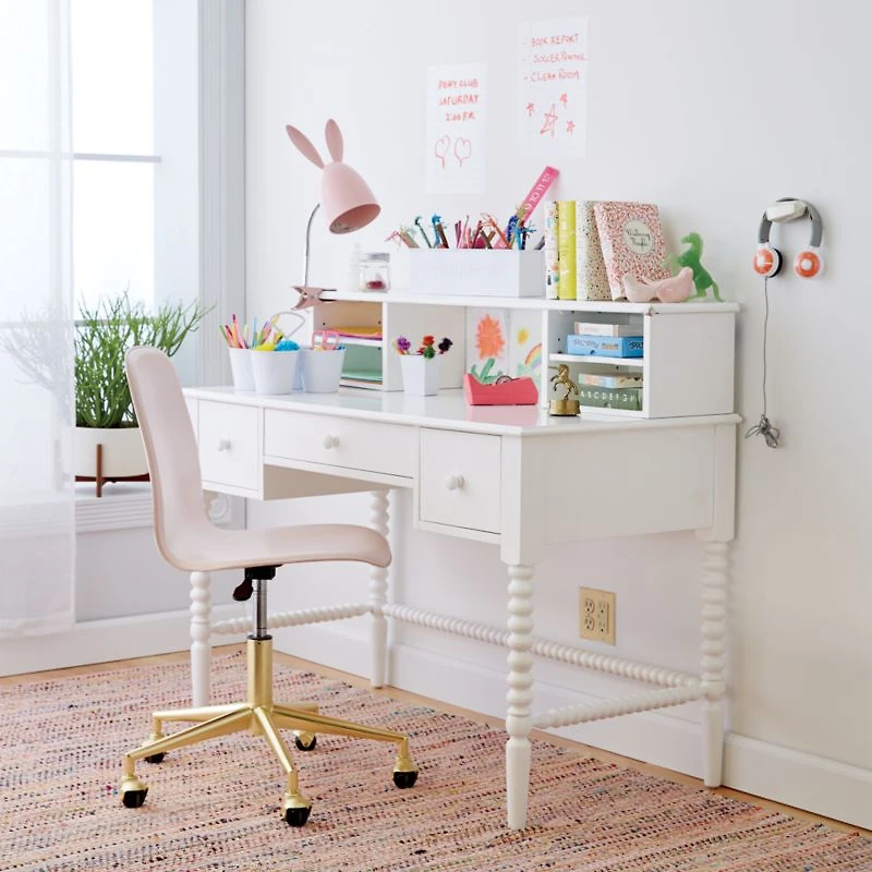 Jenny Lind White Wood Spindle 3-Drawer Kids Desk with Hutch