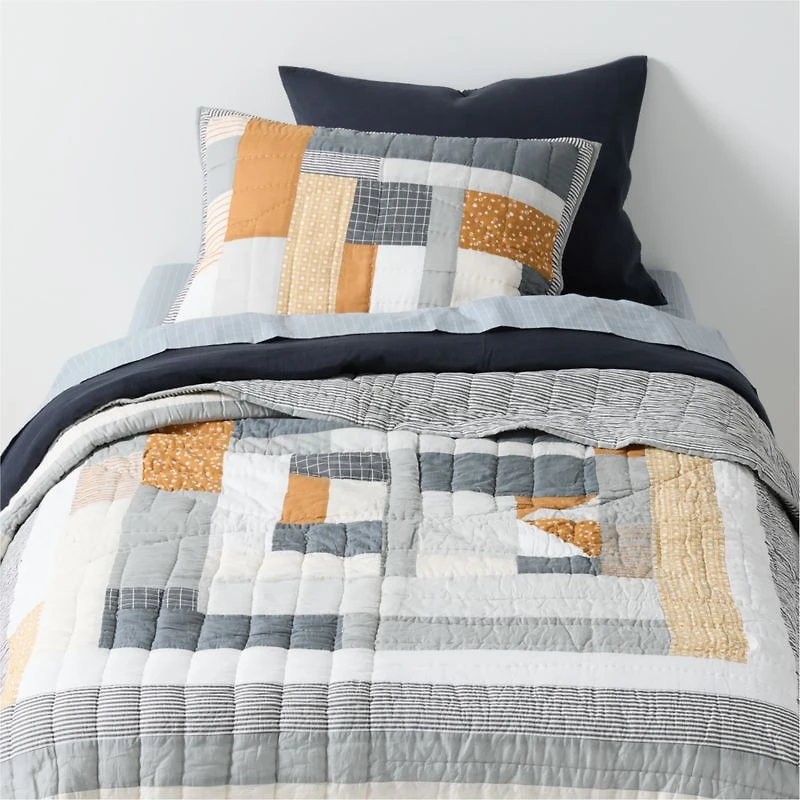 Stax Mini Grid Mist Blue Yarn-Dyed Organic Cotton Kids Twin Sheet Set