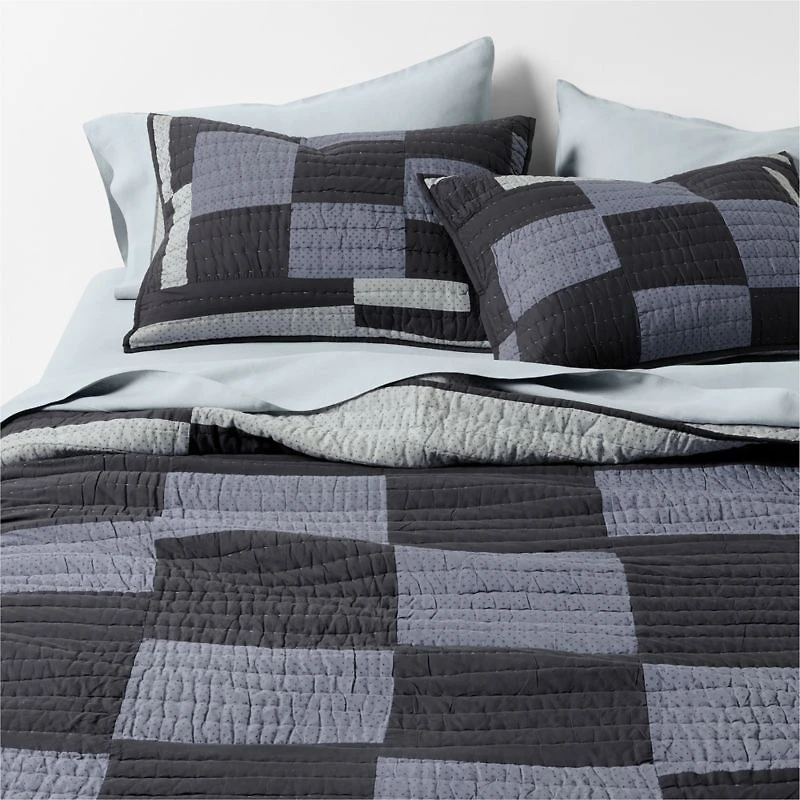 Gee's Bend Organic Cotton Midnight Navy Blue Checkerboard Quilted King Bed Pillow Sham