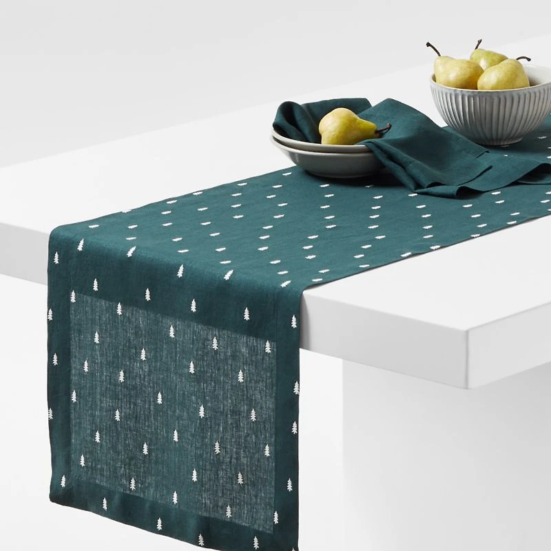Green Trees Embroidered 120" EUROPEAN FLAX ™-Certified Linen Table Runner