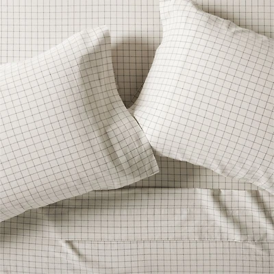 Organic Cotton Grid Natural and Midnight Navy Queen Bed Sheet Set