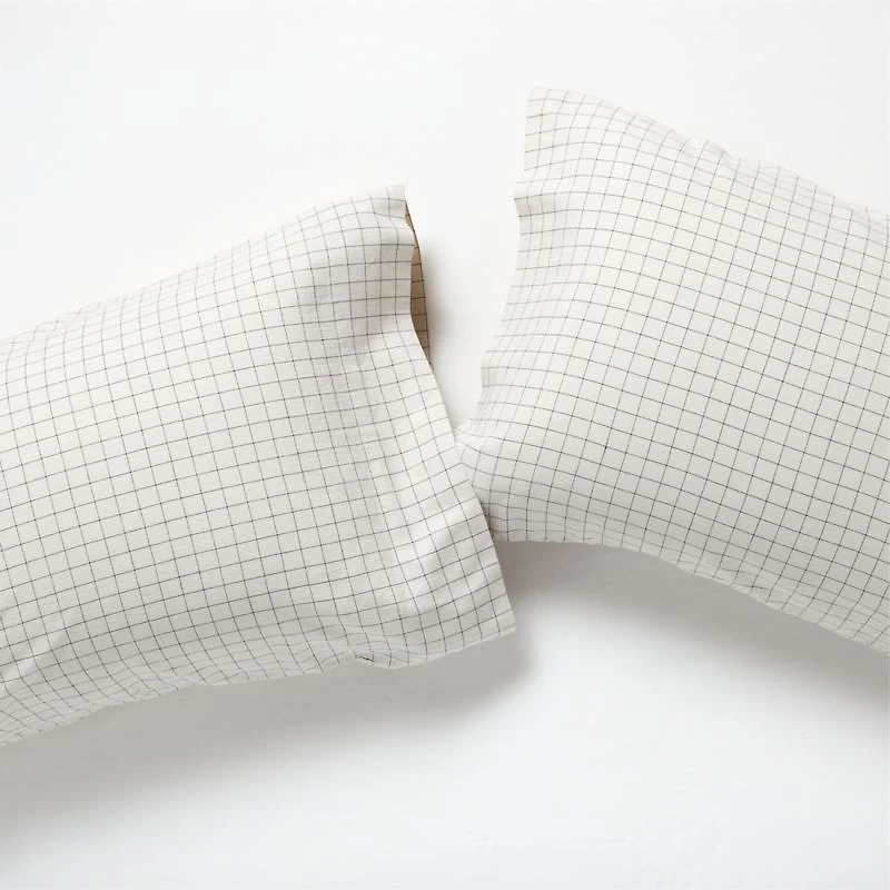 Organic Cotton Grid Natural and Midnight Navy King Pillowcases, Set of 2