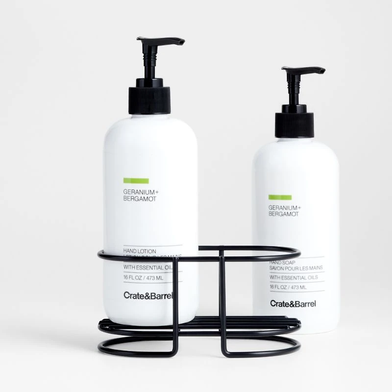 Geranium + Bergamot Hand Soap and Lotion Set with Matte Black Caddy