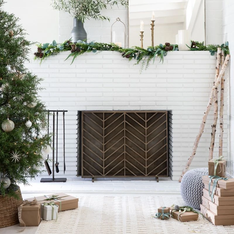 Chevron Antique Brass Fireplace Screen