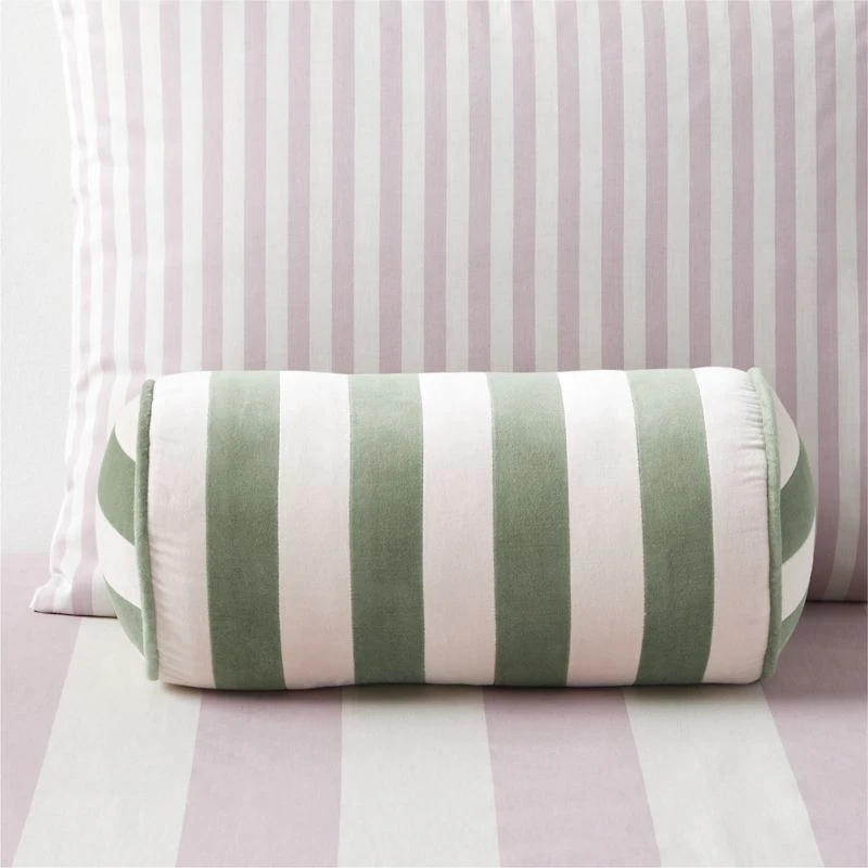 Rosy Lilac and Cyprus Green Harriet Stripe Velvet Kids Bolster Pillow