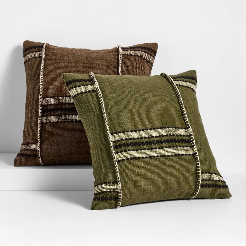 Helena Blanket Stitch 20"x20" Burnt Green Throw Pillow with Feather Insert
