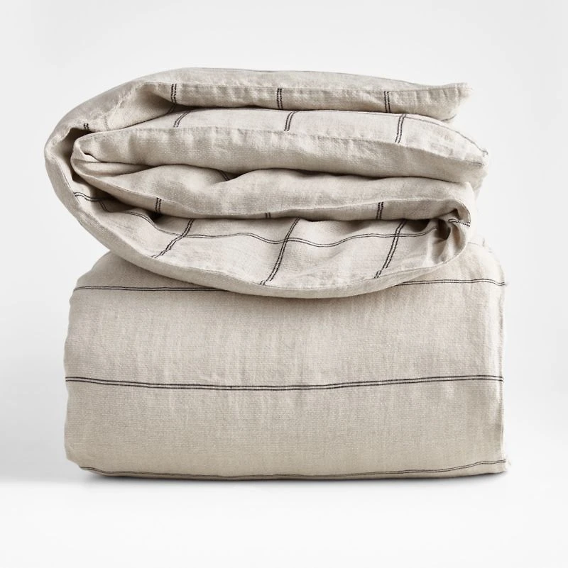 Aire Natural Hemp Arcadia Tan and Midnight Navy Reversible Grid King Duvet Cover