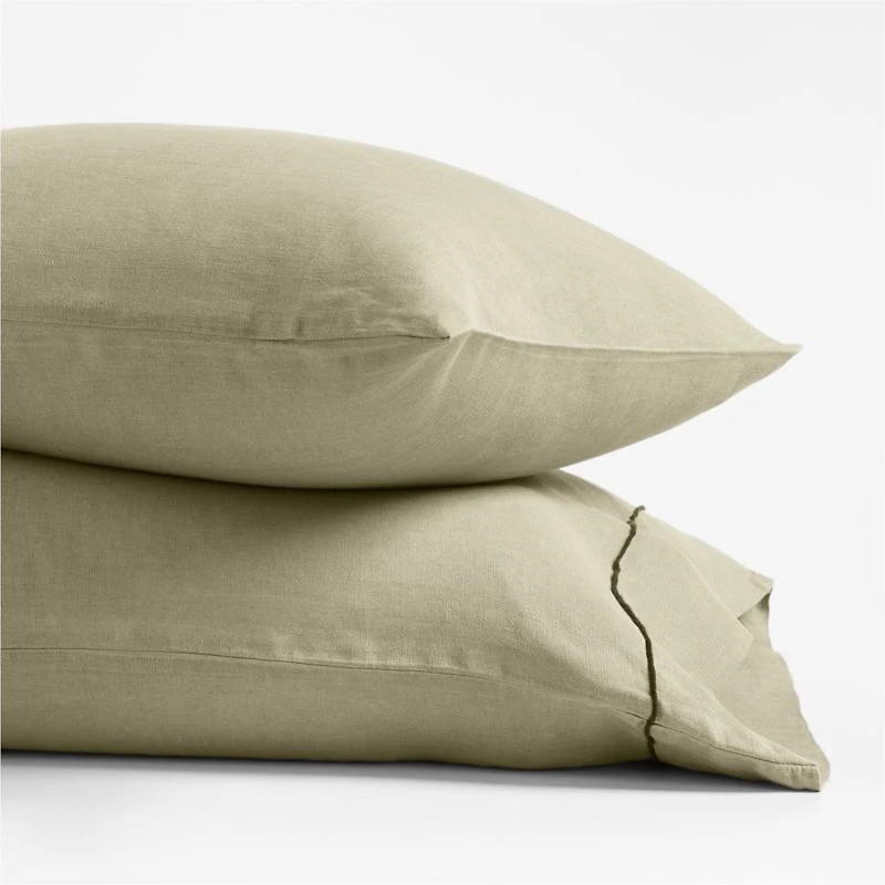 Aire Natural Hemp Merrow Stitch Garden Green King Pillowcases, Set of 2