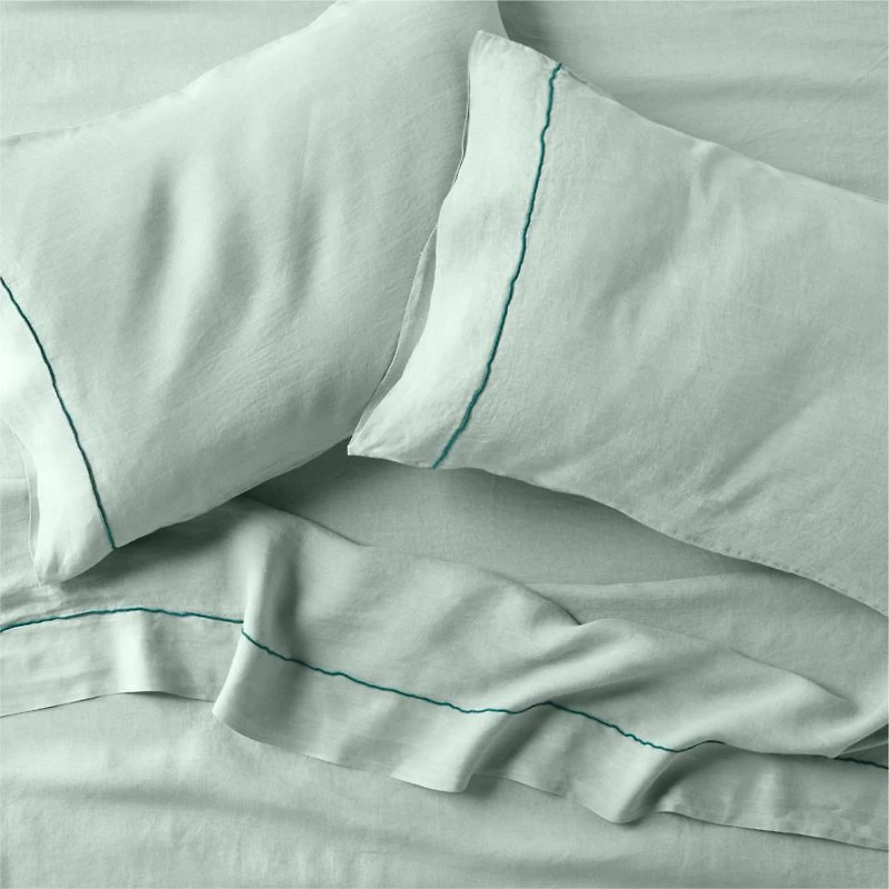 Aire Natural Hemp Merrow Stitch Verte Green Queen Bed Sheet Set