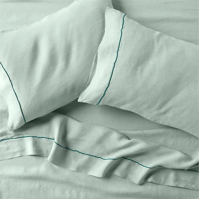 Aire Natural Hemp Merrow Stitch Verte Green Queen Bed Sheet Set