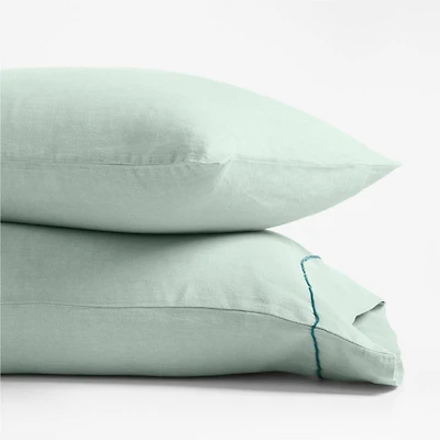 Aire Natural Hemp Merrow Stitch Verte Green Standard Pillowcases, Set of 2