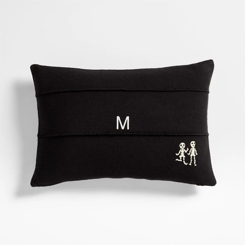 Halloween Embroidered Skeleton 24"x16" Ink Black Throw Pillow with Feather Insert by Joan Anderson