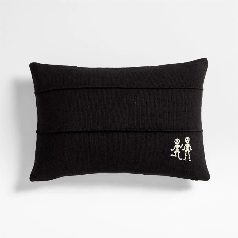 Halloween Embroidered Skeleton 24"x16" Ink Black Throw Pillow with Feather Insert by Joan Anderson