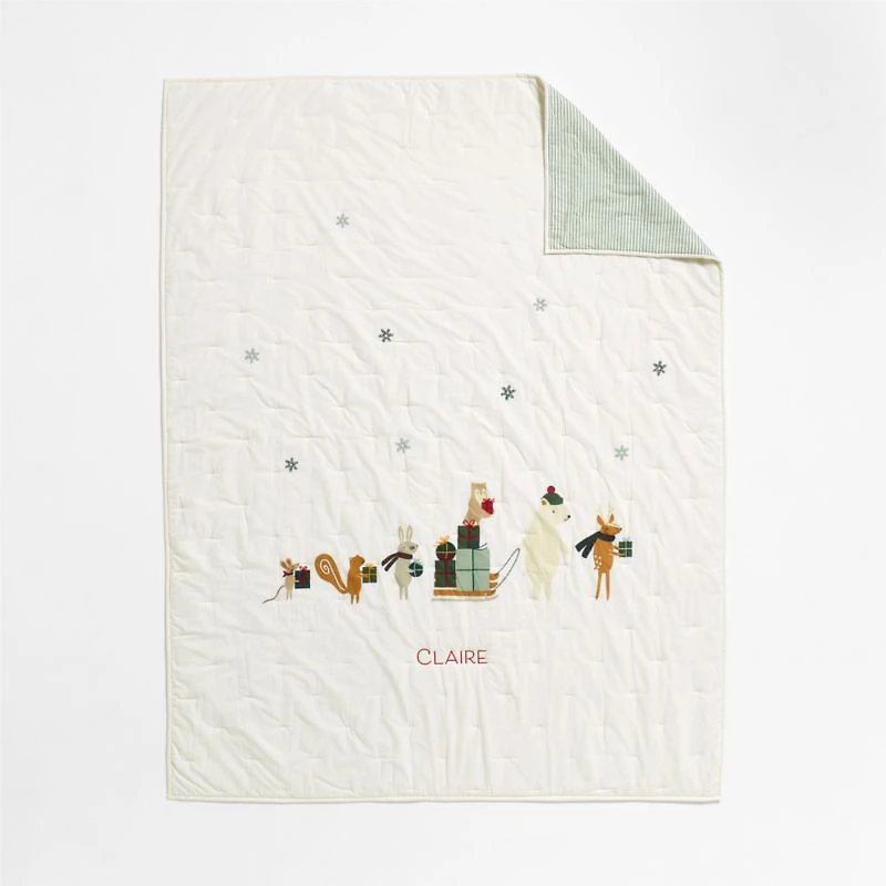 Holiday Presents Embroidered Organic Cotton Voile Kids Christmas Full/Queen Quilt