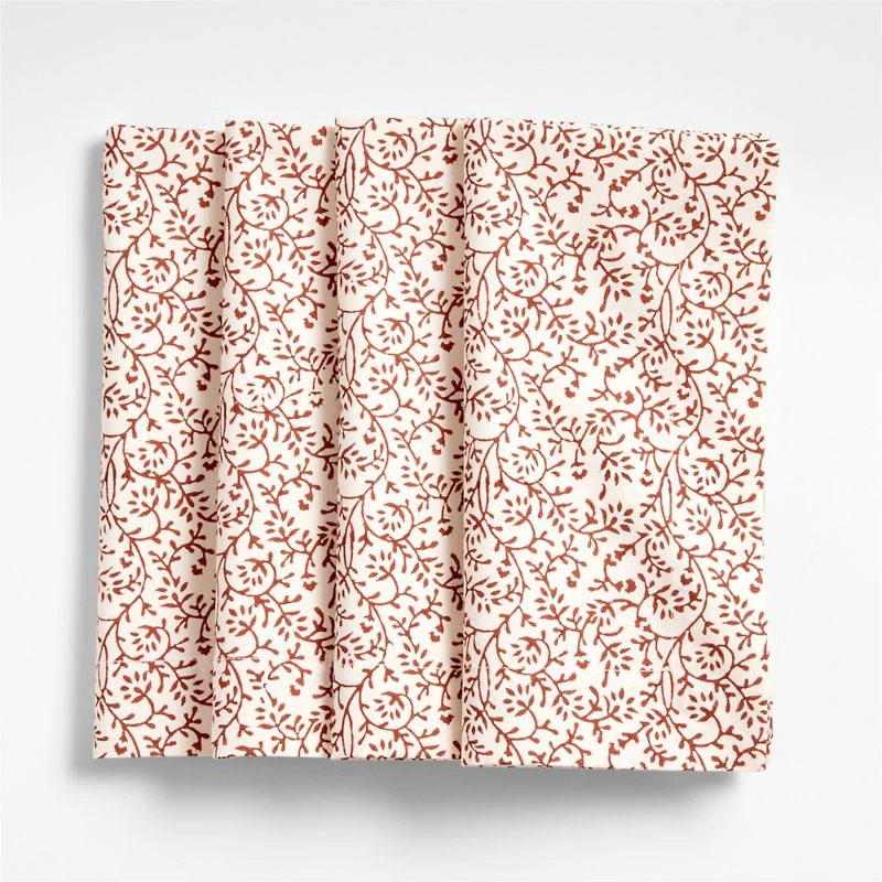 Ivory and Chestnut Floral Block Printed Napkins, Set of 4