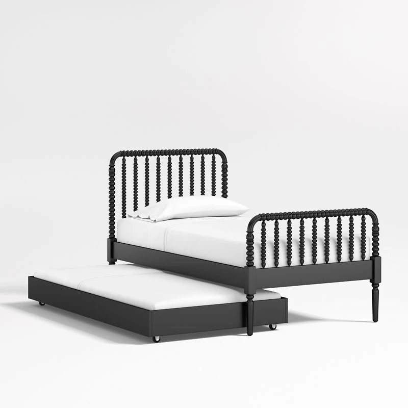 Jenny Lind Black Wood Spindle Kids Full Bed with Trundle