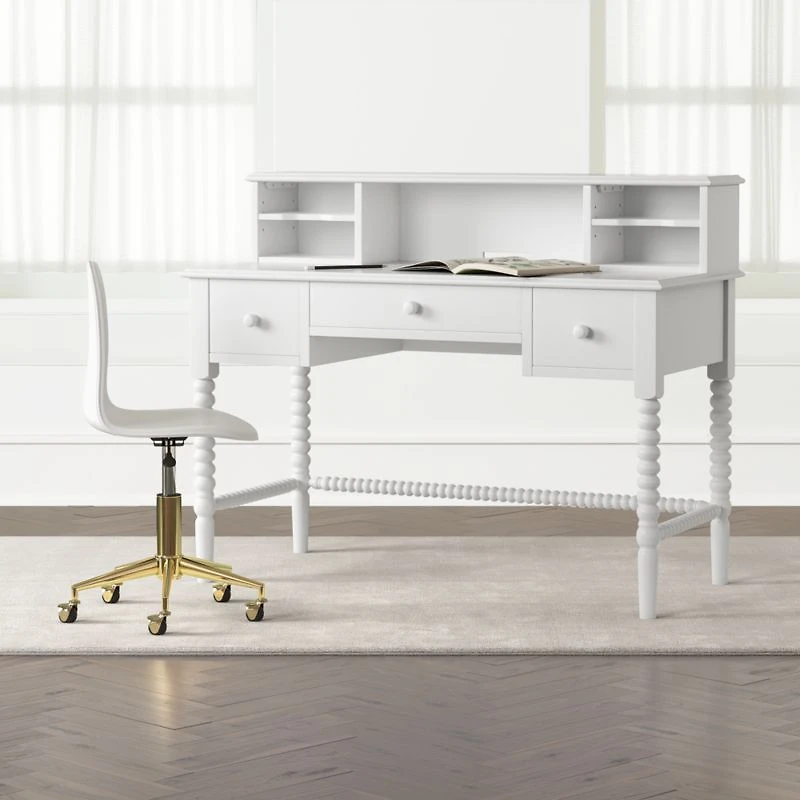 Jenny Lind White Wood Spindle 3-Drawer Kids Desk with Hutch