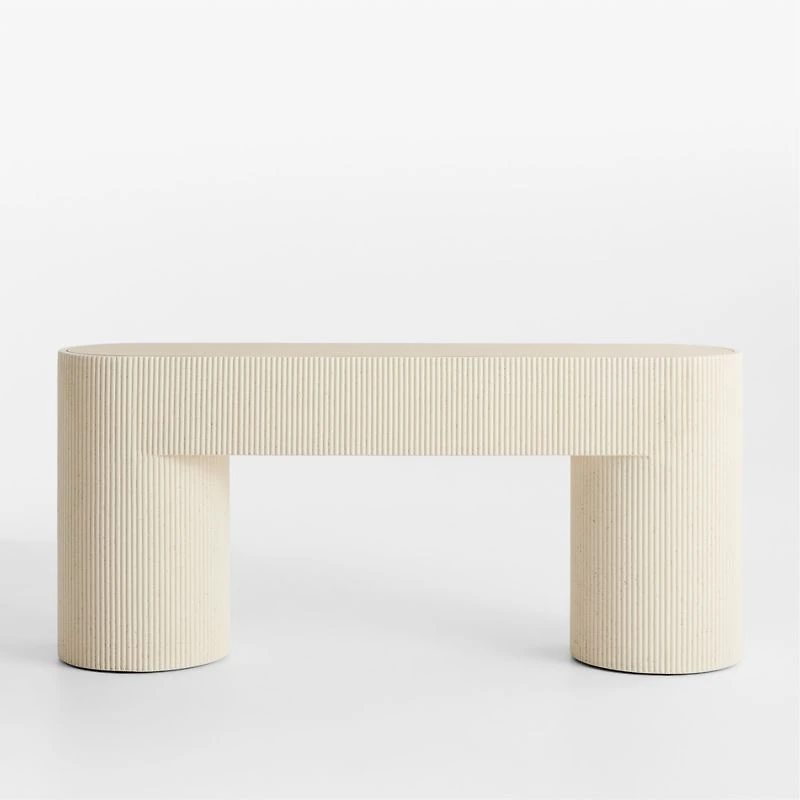 Kahn Off-White Concrete and Oak Wood Ribbed 72" Console Table