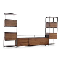 Knox Black Trim and Walnut 90" Storage Media Console with 2 Tall Storage Bookcases