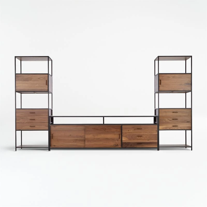 Knox Black Trim and Walnut 90" Storage Media Console with 2 Tall Storage Bookcases