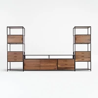 Knox Black Trim and Walnut 90" Storage Media Console with 2 Tall Storage Bookcases