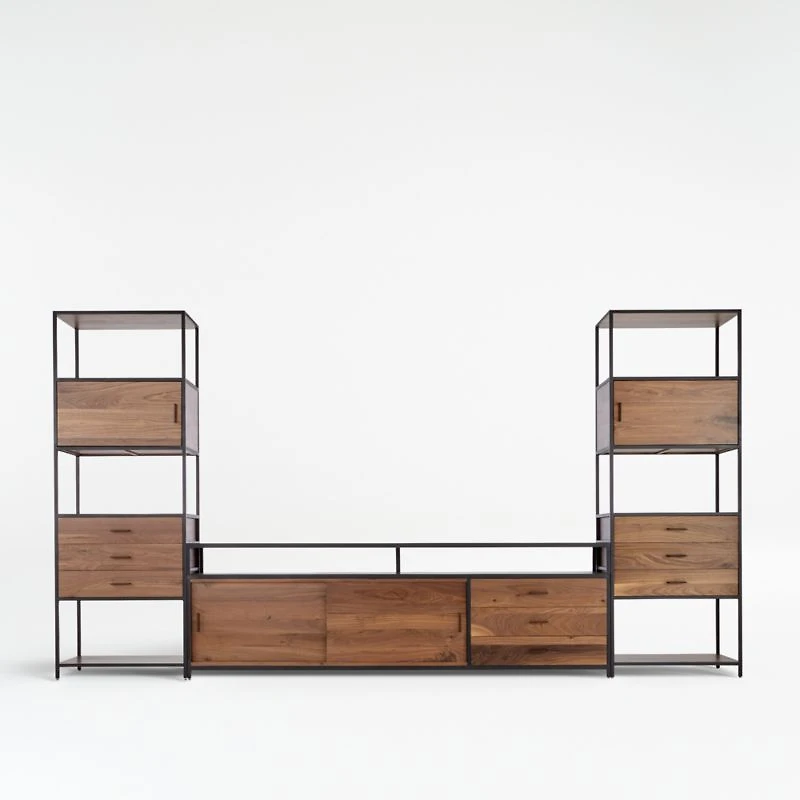 Knox Black Trim and Walnut 90" Storage Media Console with 2 Tall Storage Bookcases