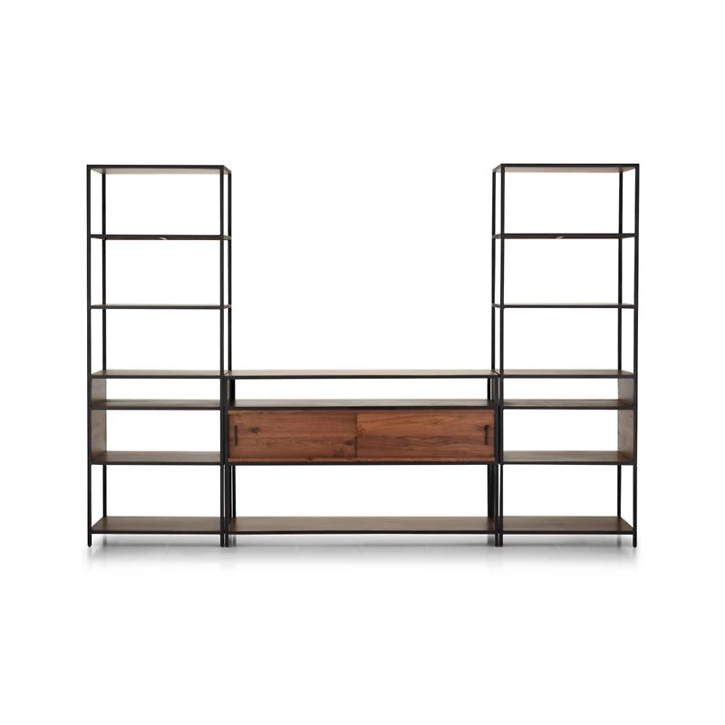 Knox Black Trim and Walnut 56" Storage Media Console with 2 Tall Open Bookcases