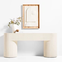 Kahn Off-White Concrete and Oak Wood Ribbed 72" Console Table