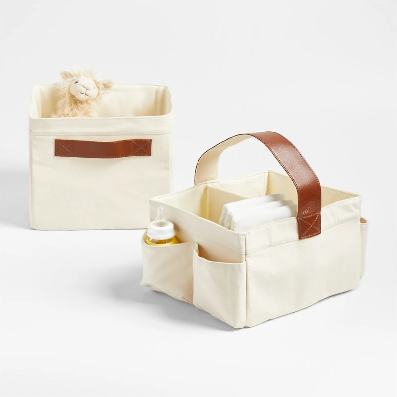 Canvas Shelf Storage Bin with Brown Leather Handles, Set of 4