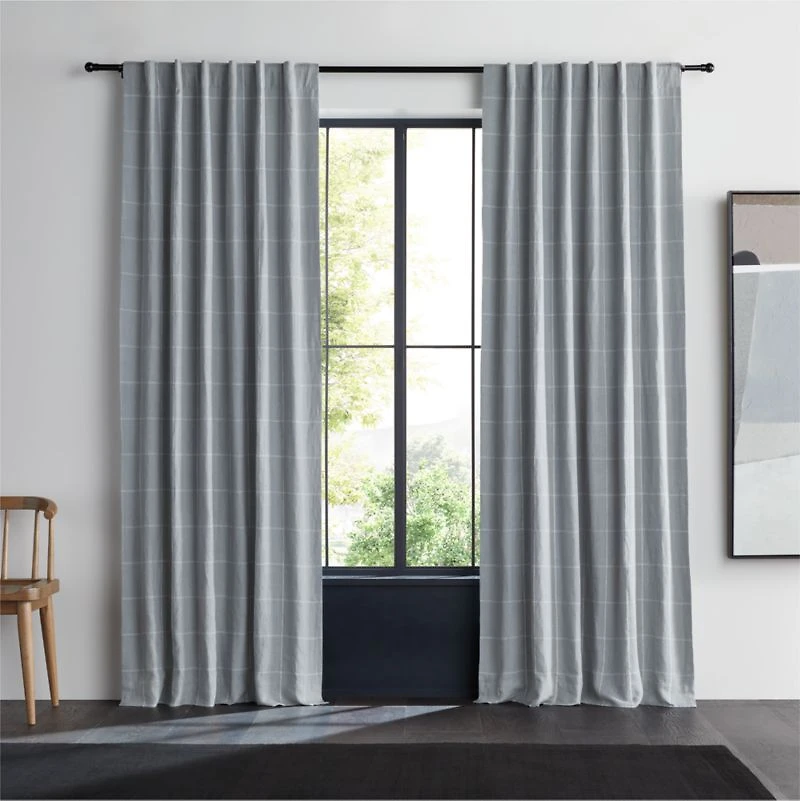 Mist Blue & Crisp White Linen Double Pinstripe Grid Blackout Window Curtain Panel 52"x84"