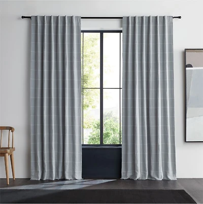 Mist Blue & Crisp White Linen Double Pinstripe Grid Blackout Window Curtain Panel 52"x84"
